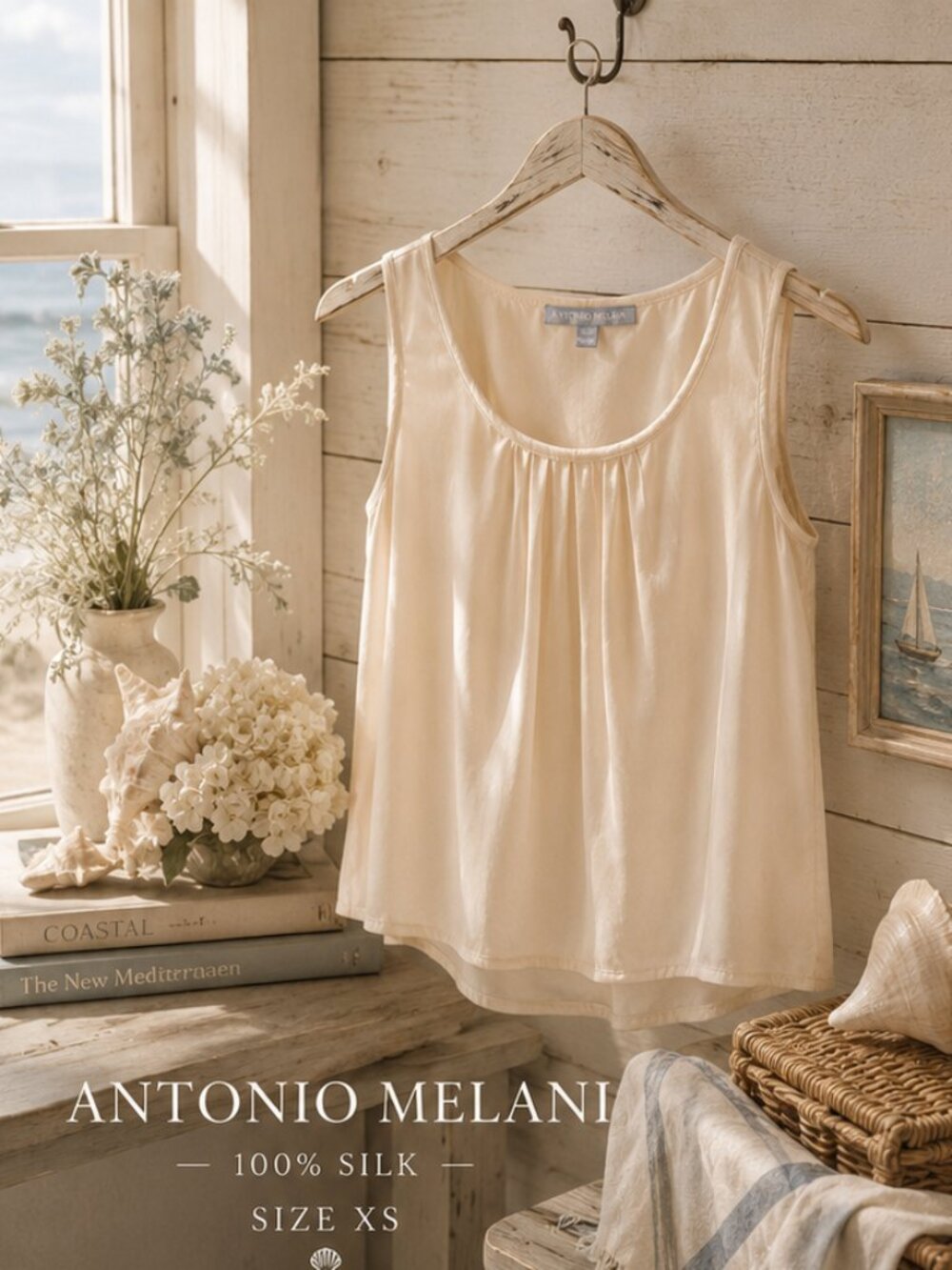 100% Silk Cream Sleeveless Camisole Pleated Neckline Top Small Antonio Melani